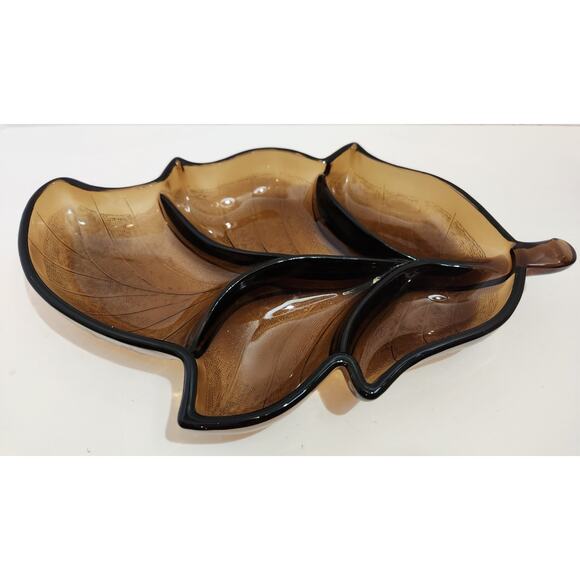 Vintage Amber Glass Leaf Divided Serving Dish 13" Mid Century Retro Leaf Tray - Picture 2 of 7